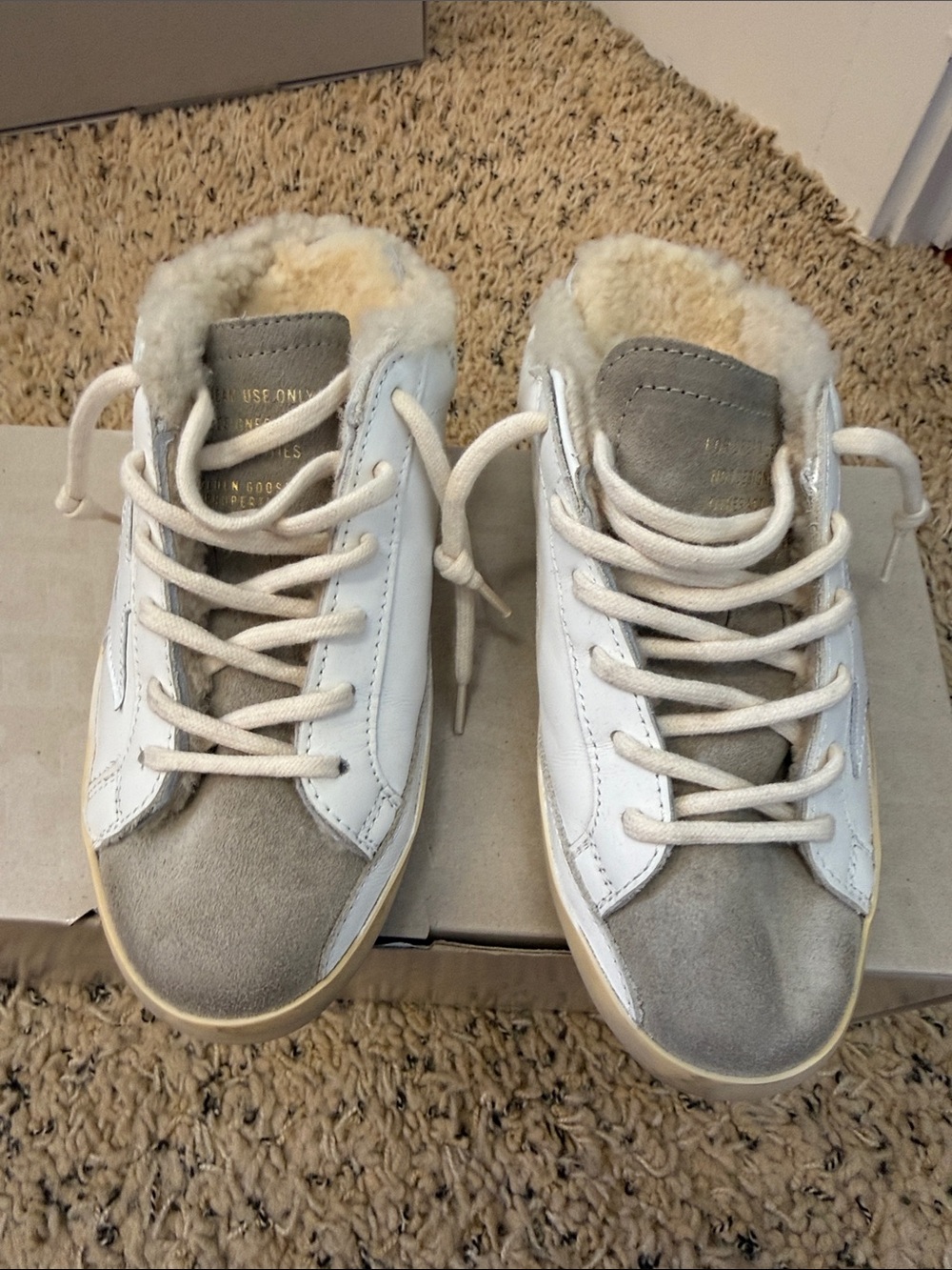 Golden Goose Faux-Shearling Lace-Up Sneakers in White and Gray